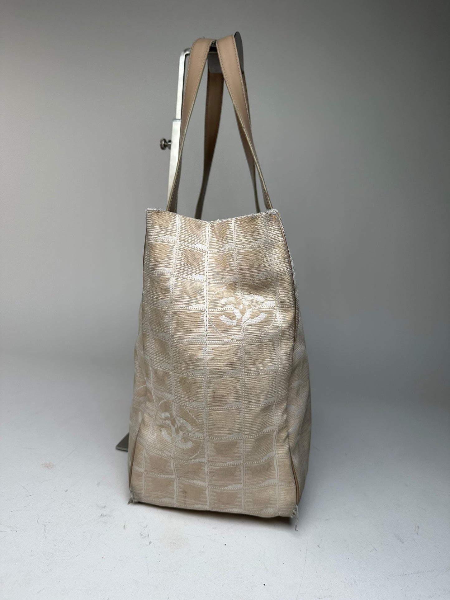 Vintage Chanel Monogram New Travel Line Canvas Leather Tote Bag Beige