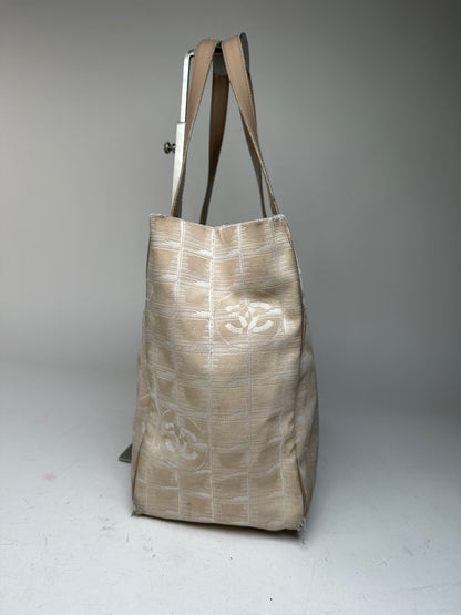 Vintage Chanel Monogram New Travel Line Canvas Leather Tote Bag Beige