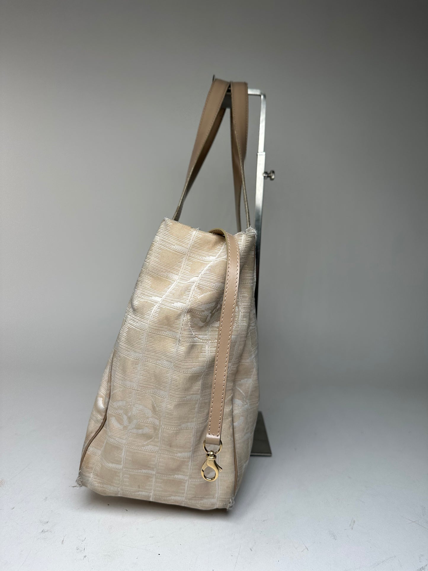 Vintage Chanel Monogram New Travel Line Canvas Leather Tote Bag Beige