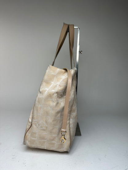 Vintage Chanel Monogram New Travel Line Canvas Leather Tote Bag Beige