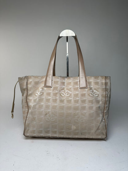 Vintage Chanel Monogram New Travel Line Canvas Leather Tote Bag Beige