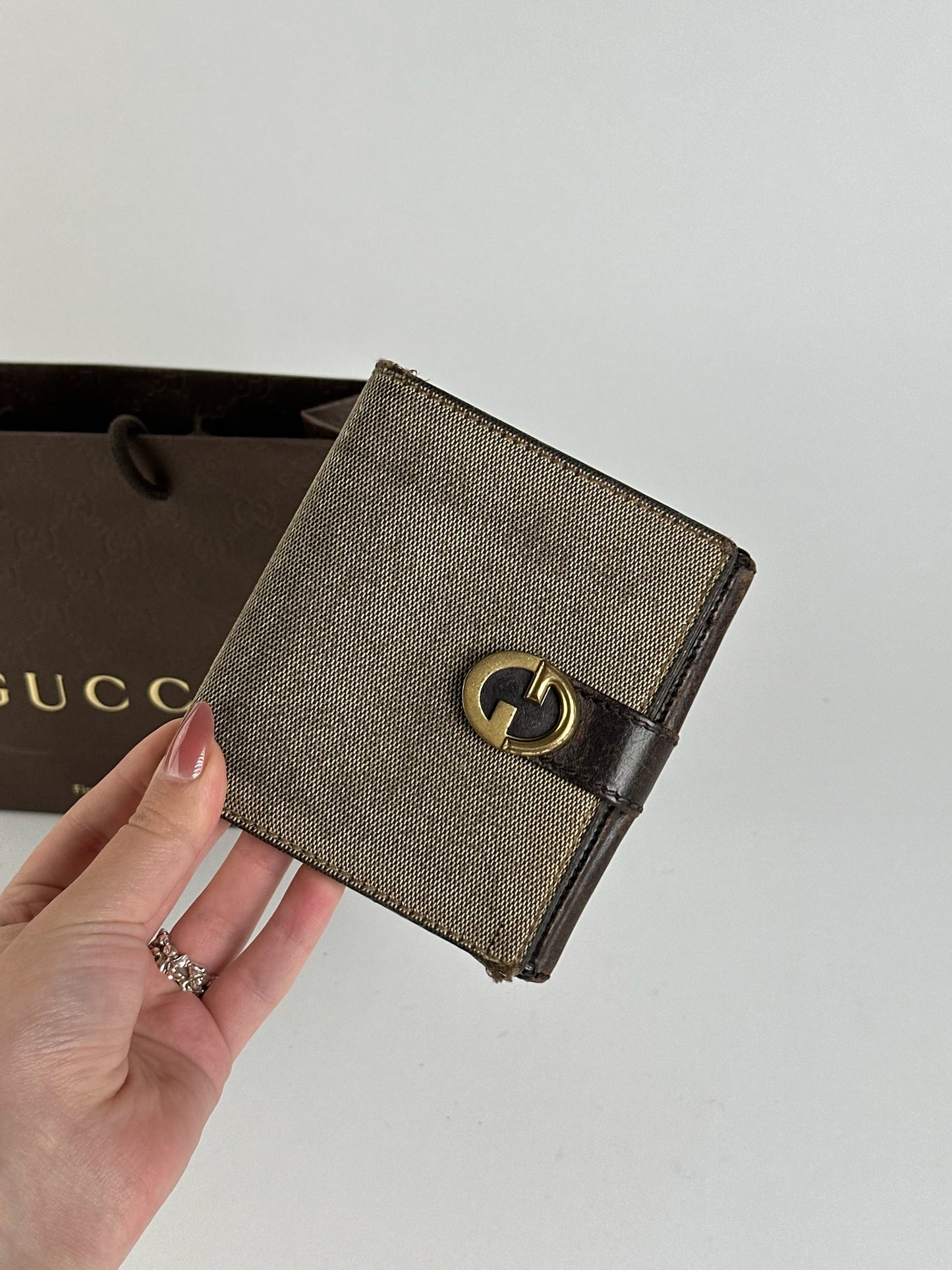 Vintage Gucci Leather Canvas Wallet Gray Brown