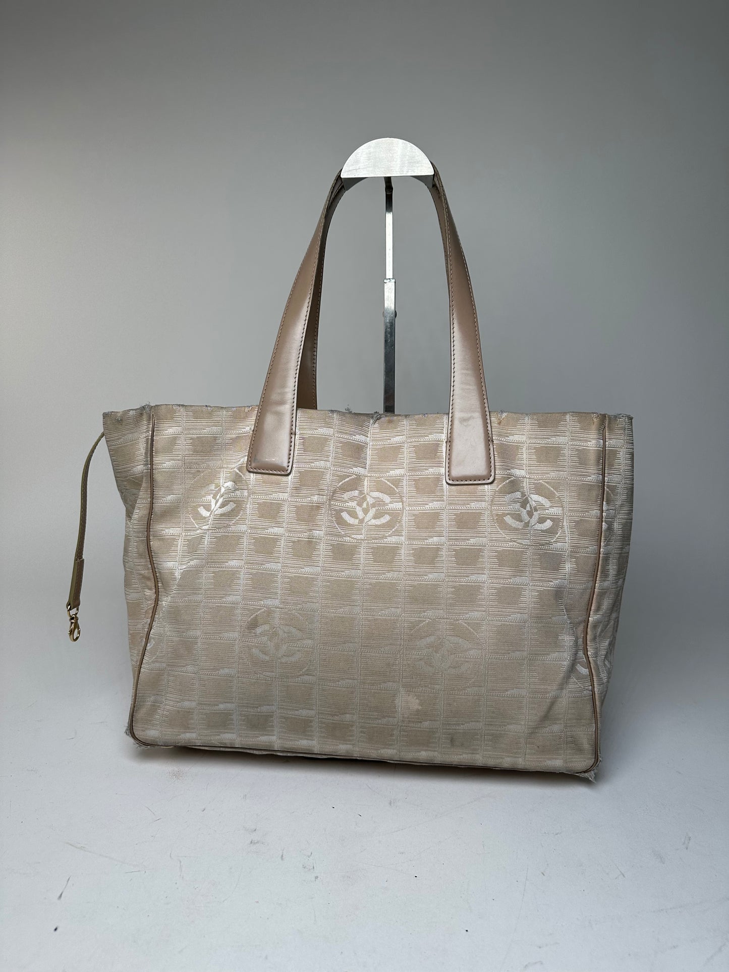 Vintage Chanel Monogram New Travel Line Canvas Leather Tote Bag Beige