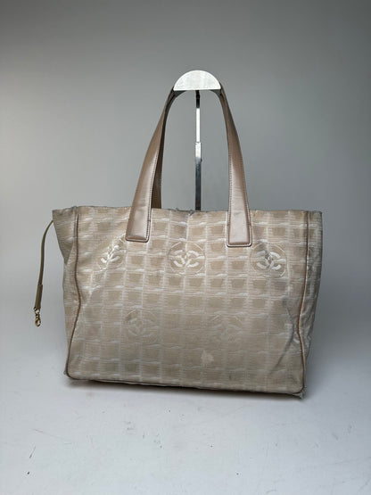 Vintage Chanel Monogram New Travel Line Canvas Leather Tote Bag Beige