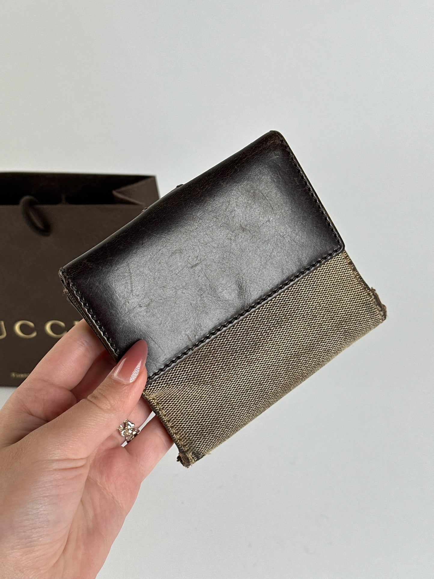 Vintage Gucci Leather Canvas Wallet Gray Brown