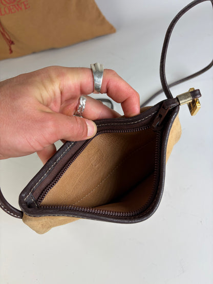 Vintage Loewe Suede Crossbody Bag Beige Brown Gold