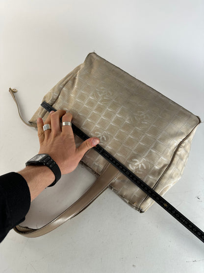 Vintage Chanel Monogram New Travel Line Canvas Leather Tote Bag Beige