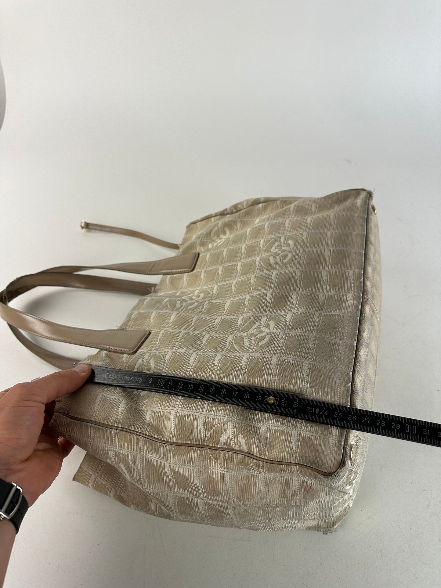 Vintage Chanel Monogram New Travel Line Canvas Leather Tote Bag Beige