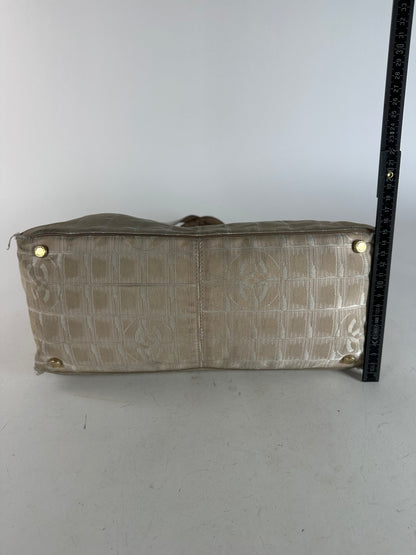 Vintage Chanel Monogram New Travel Line Canvas Leather Tote Bag Beige