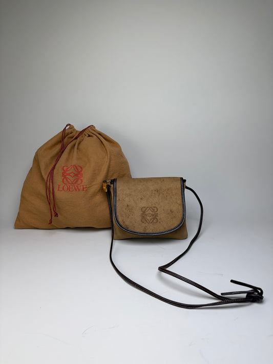 Vintage Loewe Suede Crossbody Bag Beige Brown Gold