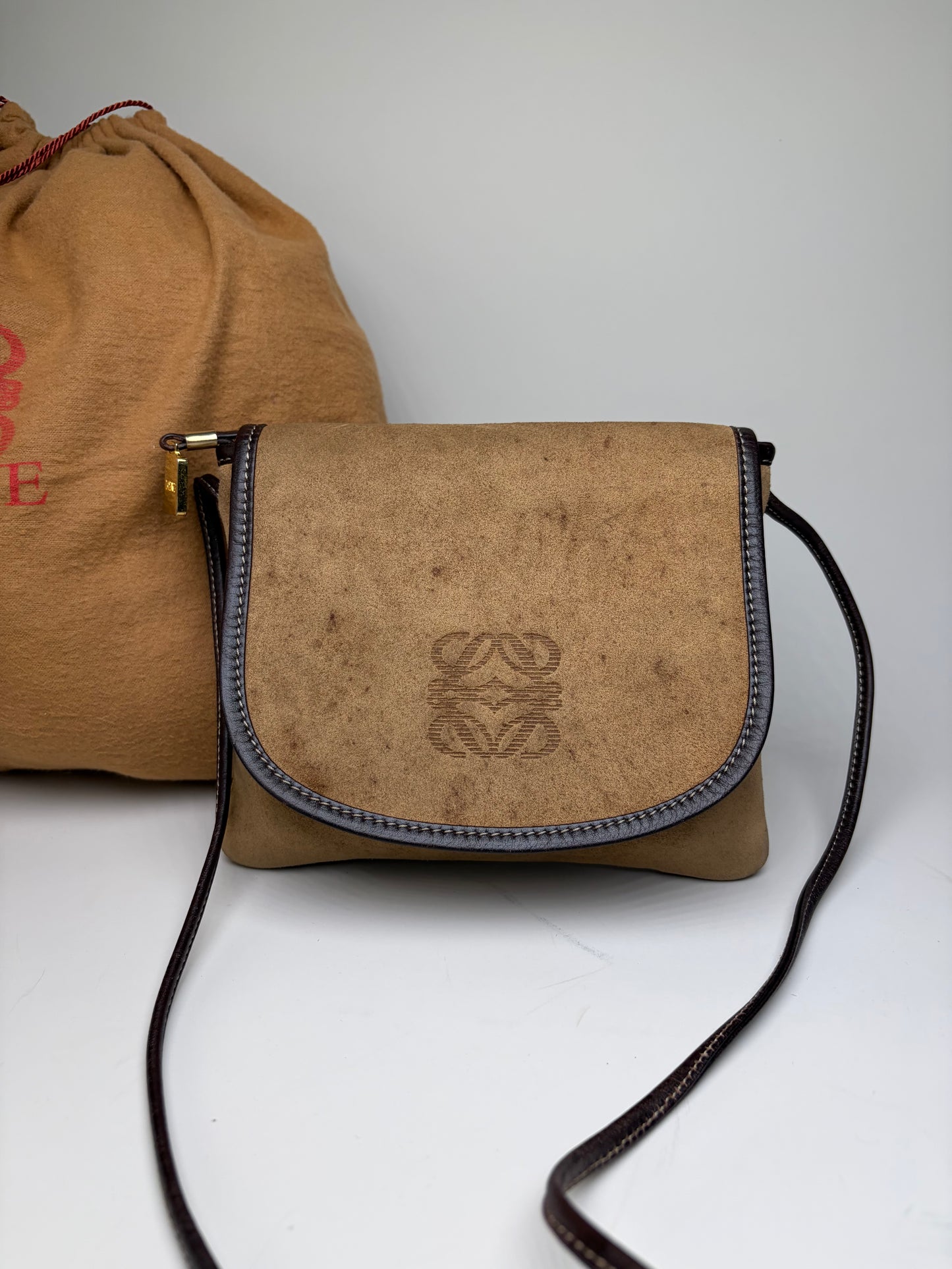 Vintage Loewe Suede Crossbody Bag Beige Brown Gold