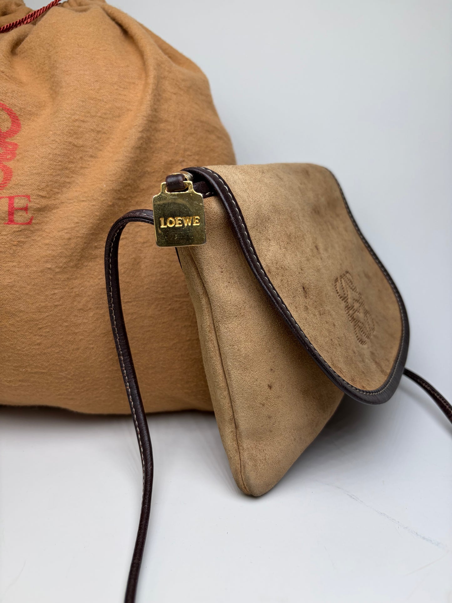 Vintage Loewe Suede Crossbody Bag Beige Brown Gold