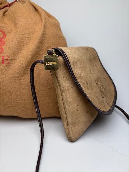 Vintage Loewe Suede Crossbody Bag Beige Brown Gold