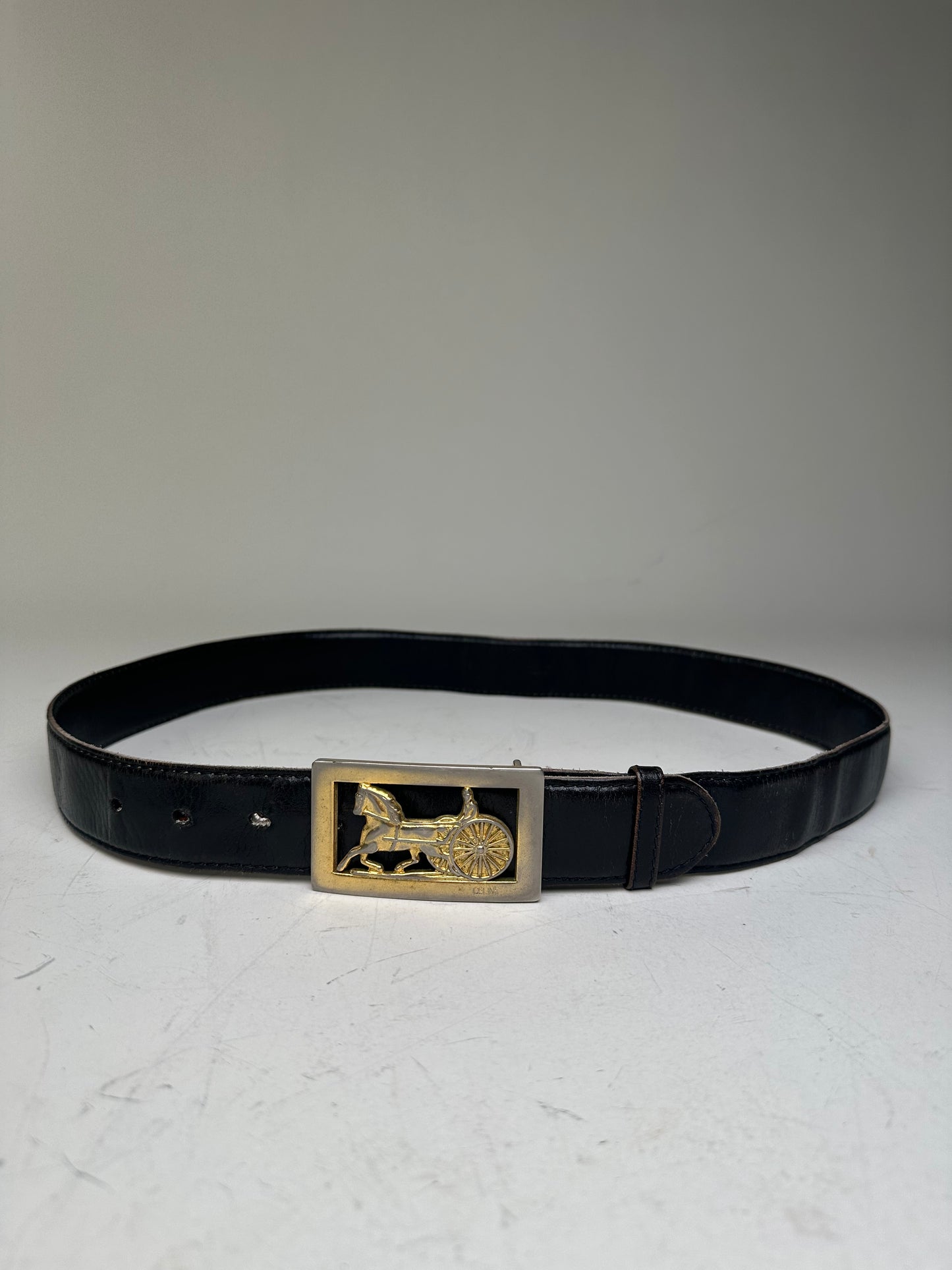 Vintage Celine Horse-and-Carriage Leather Belt Black Gold Silver