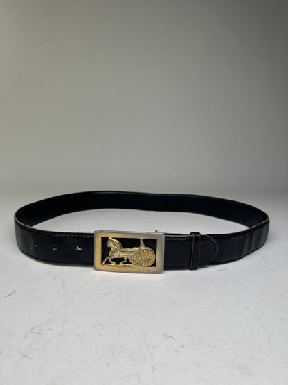 Vintage Celine Horse-and-Carriage Leather Belt Black Gold Silver