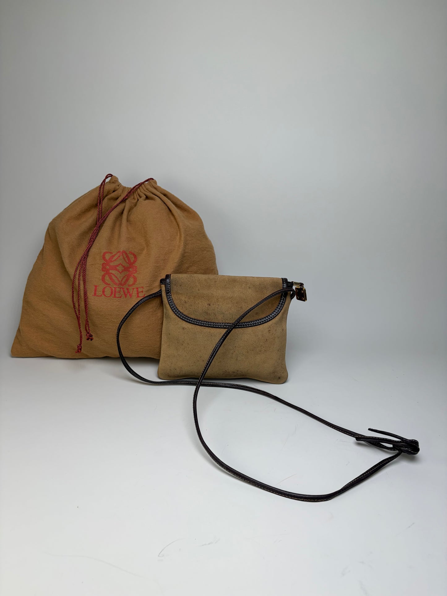 Vintage Loewe Suede Crossbody Bag Beige Brown Gold