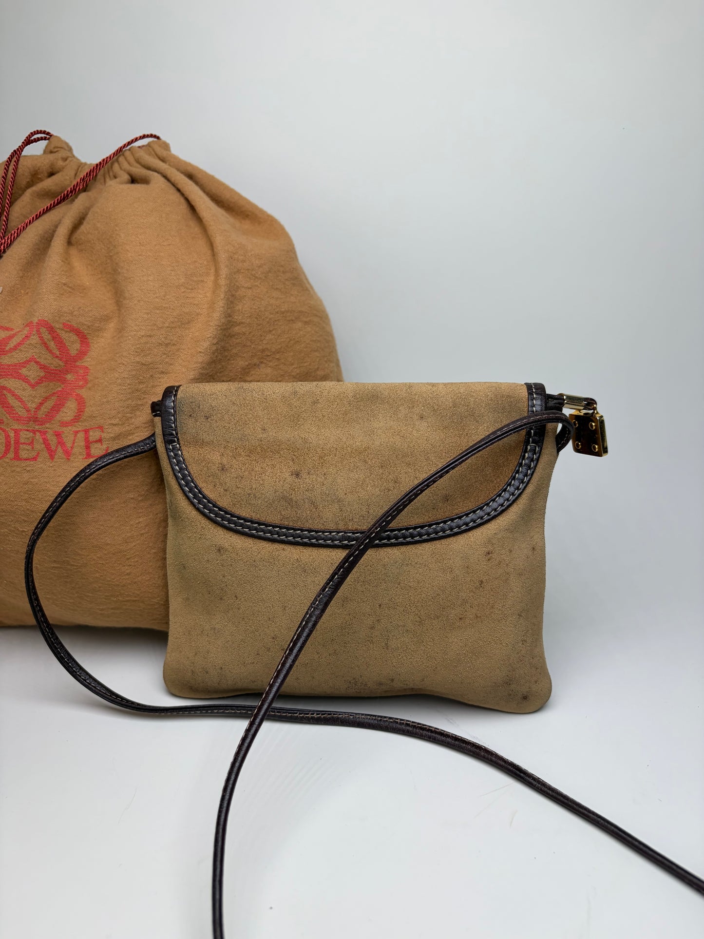Vintage Loewe Suede Crossbody Bag Beige Brown Gold