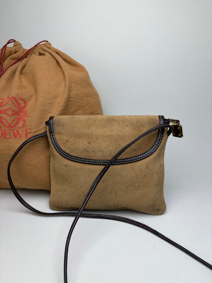 Vintage Loewe Suede Crossbody Bag Beige Brown Gold