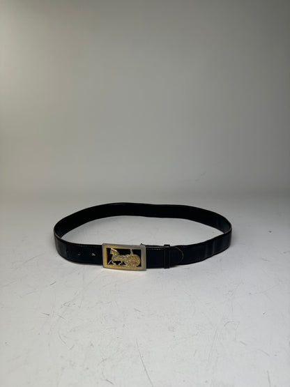 Vintage Celine Horse-and-Carriage Leather Belt Black Gold Silver