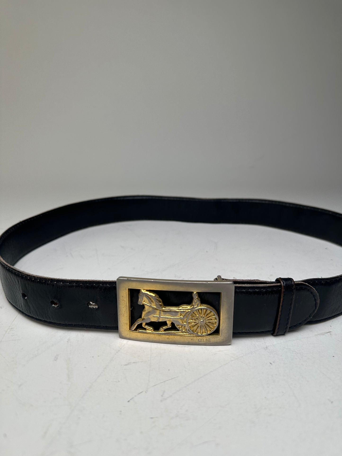 Vintage Celine Horse-and-Carriage Leather Belt Black Gold Silver