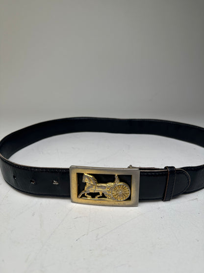 Vintage Celine Horse-and-Carriage Leather Belt Black Gold Silver