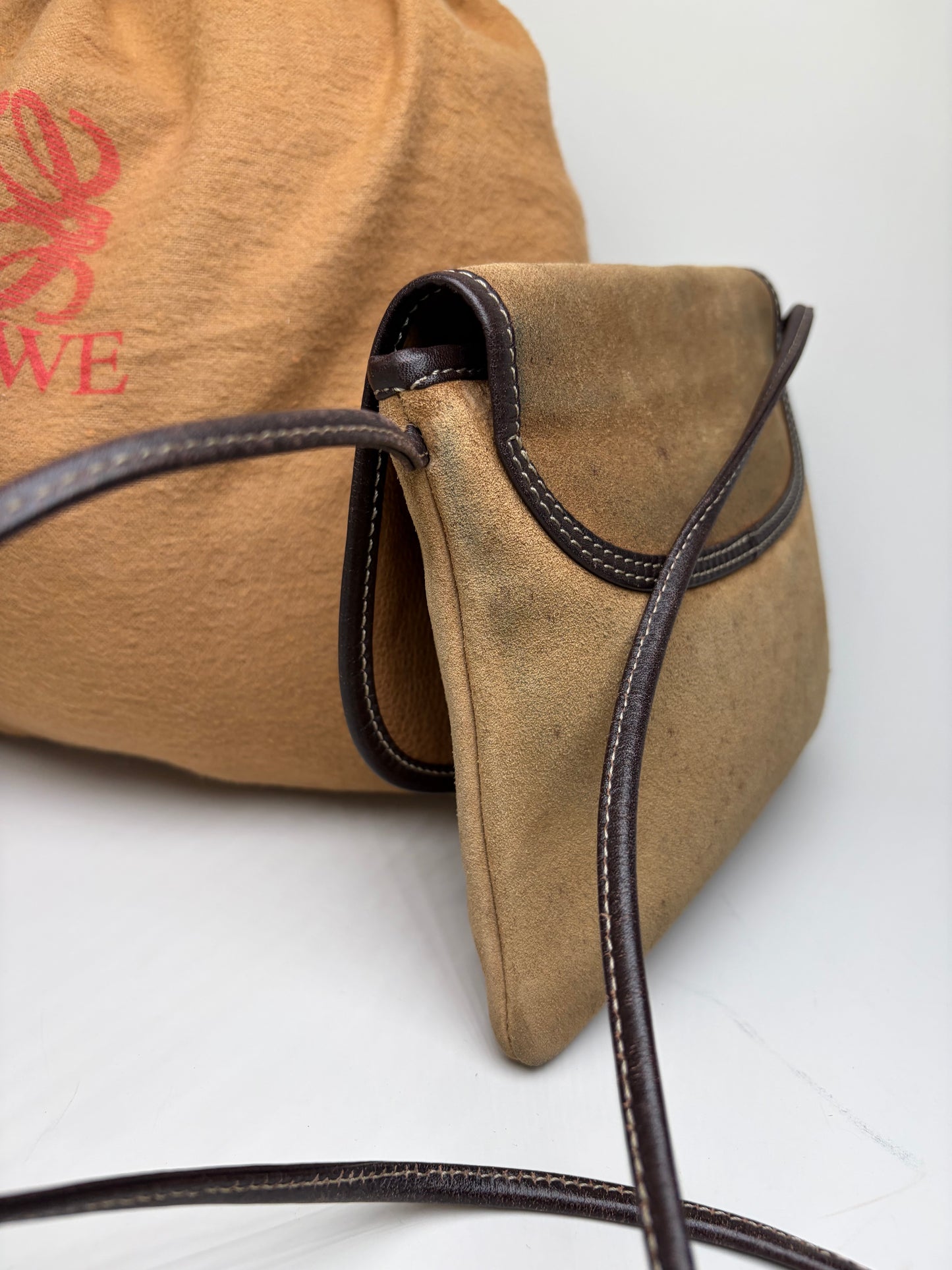 Vintage Loewe Suede Crossbody Bag Beige Brown Gold