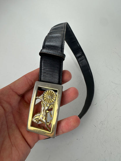 Vintage Celine Horse-and-Carriage Leather Belt Black Gold Silver