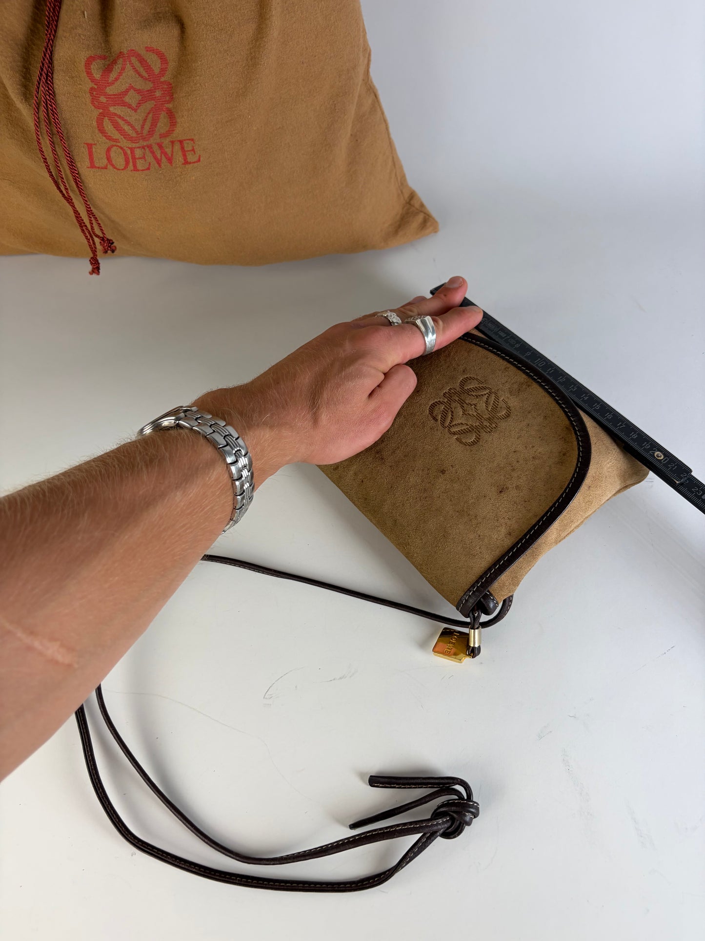 Vintage Loewe Suede Crossbody Bag Beige Brown Gold