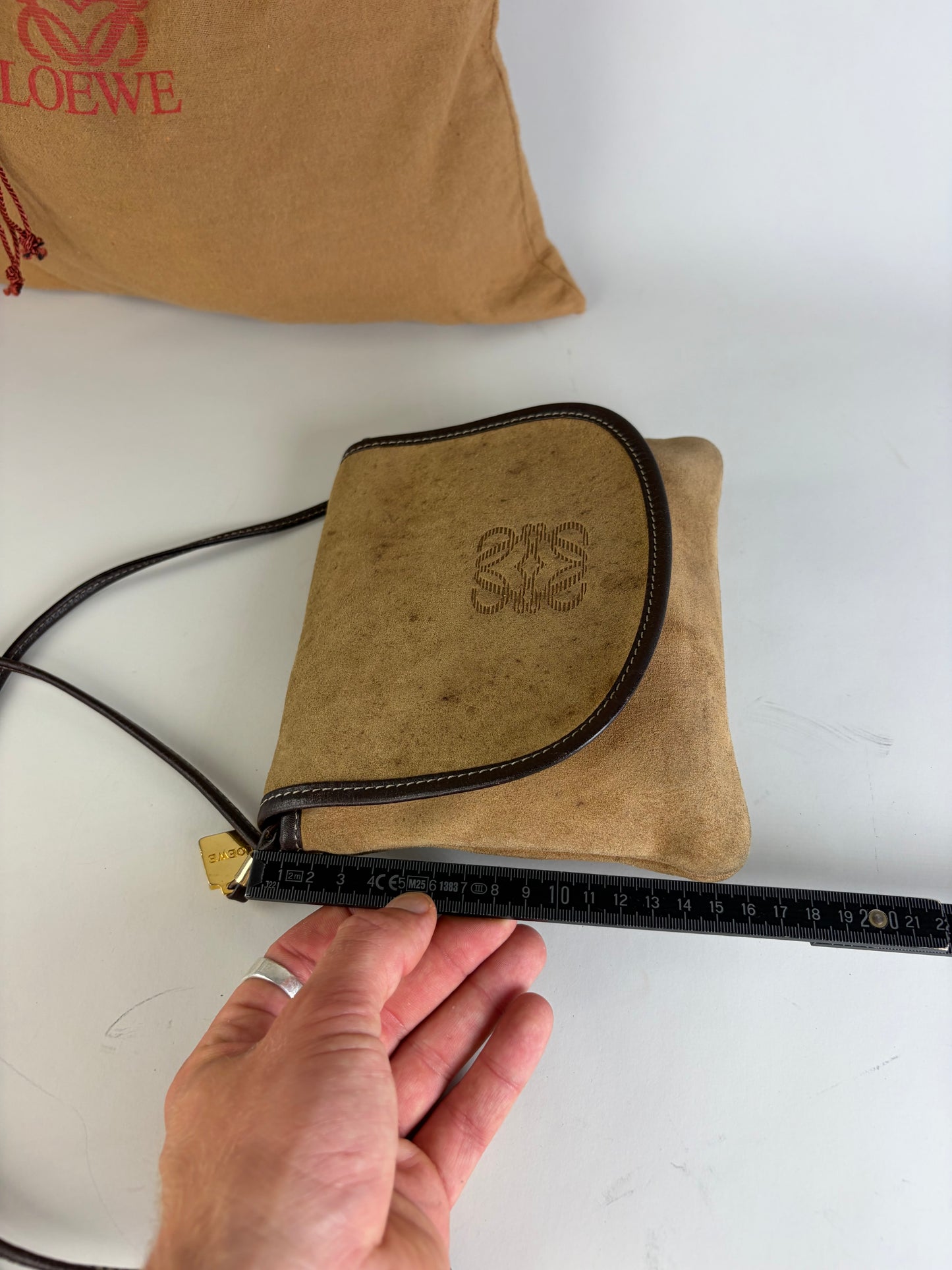Vintage Loewe Suede Crossbody Bag Beige Brown Gold