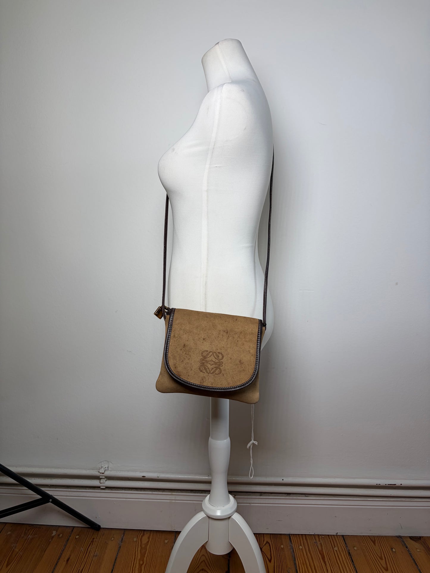 Vintage Loewe Suede Crossbody Bag Beige Brown Gold