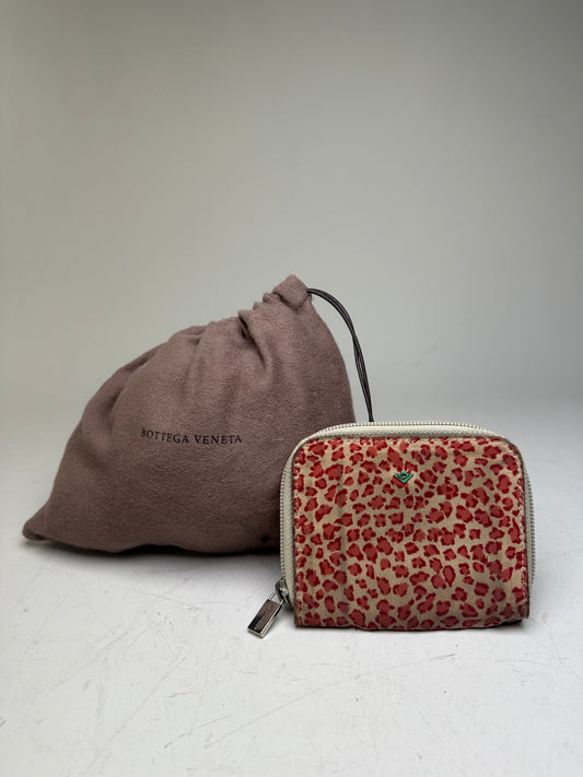 Vintage Bottega Veneta Leopard Print Leather Wallet Beige Red
