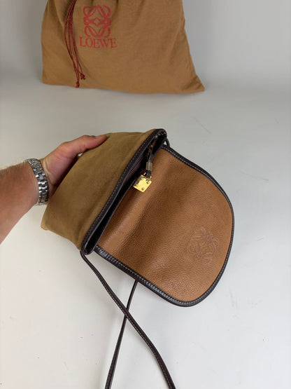 Vintage Loewe Suede Crossbody Bag Beige Brown Gold