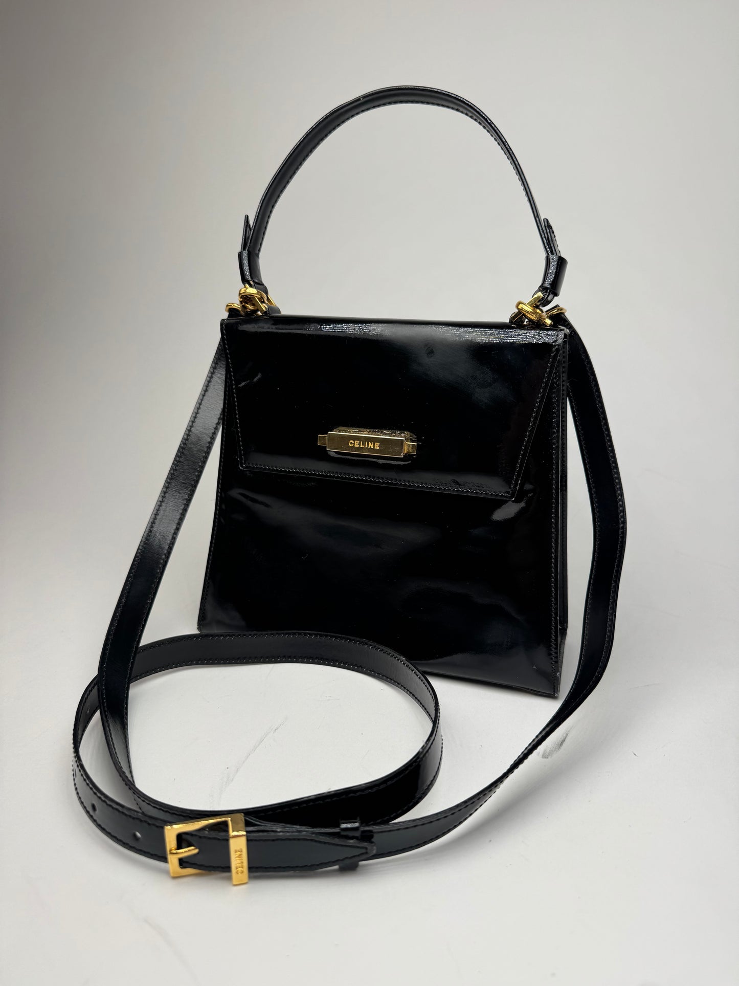 Vintage Celine Paris 2 Way Patent Leather Bag Black