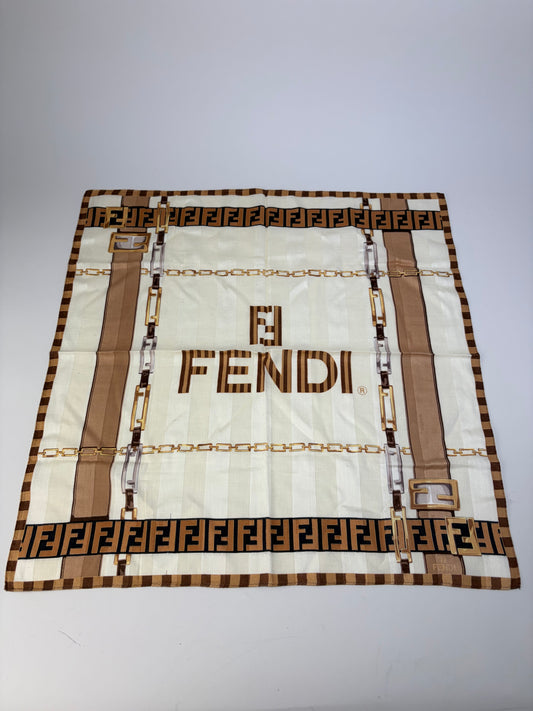 Vintage Fendi FF Monogram Silk Scarf Cream Beige Brown