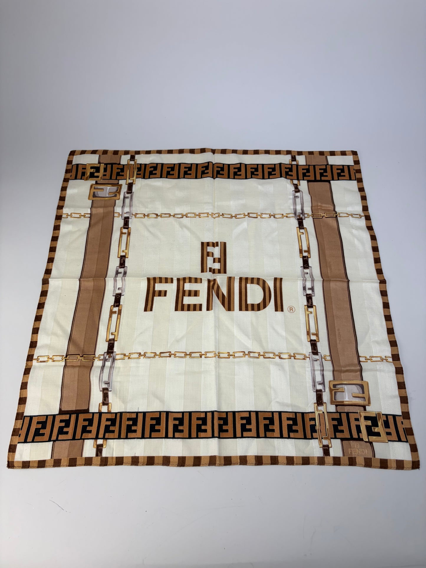 Vintage Fendi FF Monogram Silk Scarf Cream Beige Brown
