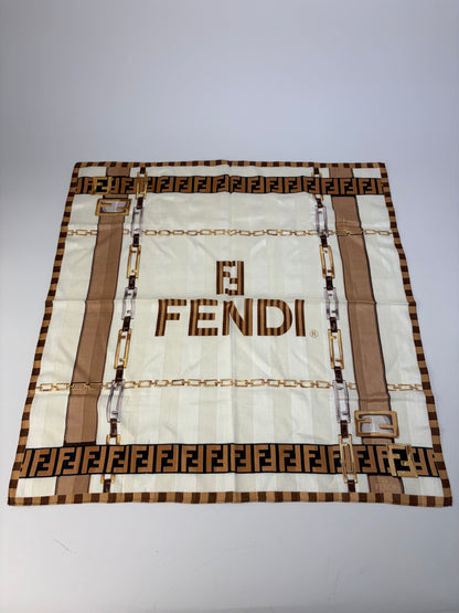 Vintage Fendi FF Monogram Silk Scarf Cream Beige Brown