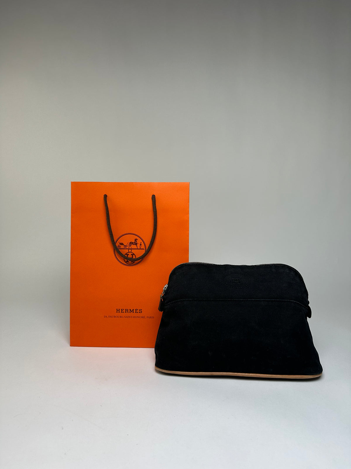 Vintage Hermes Canvas Cosmetic Pouch Black Tan