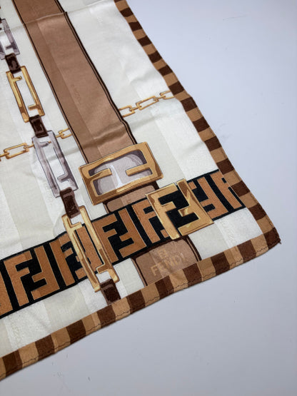 Vintage Fendi FF Monogram Silk Scarf Cream Beige Brown