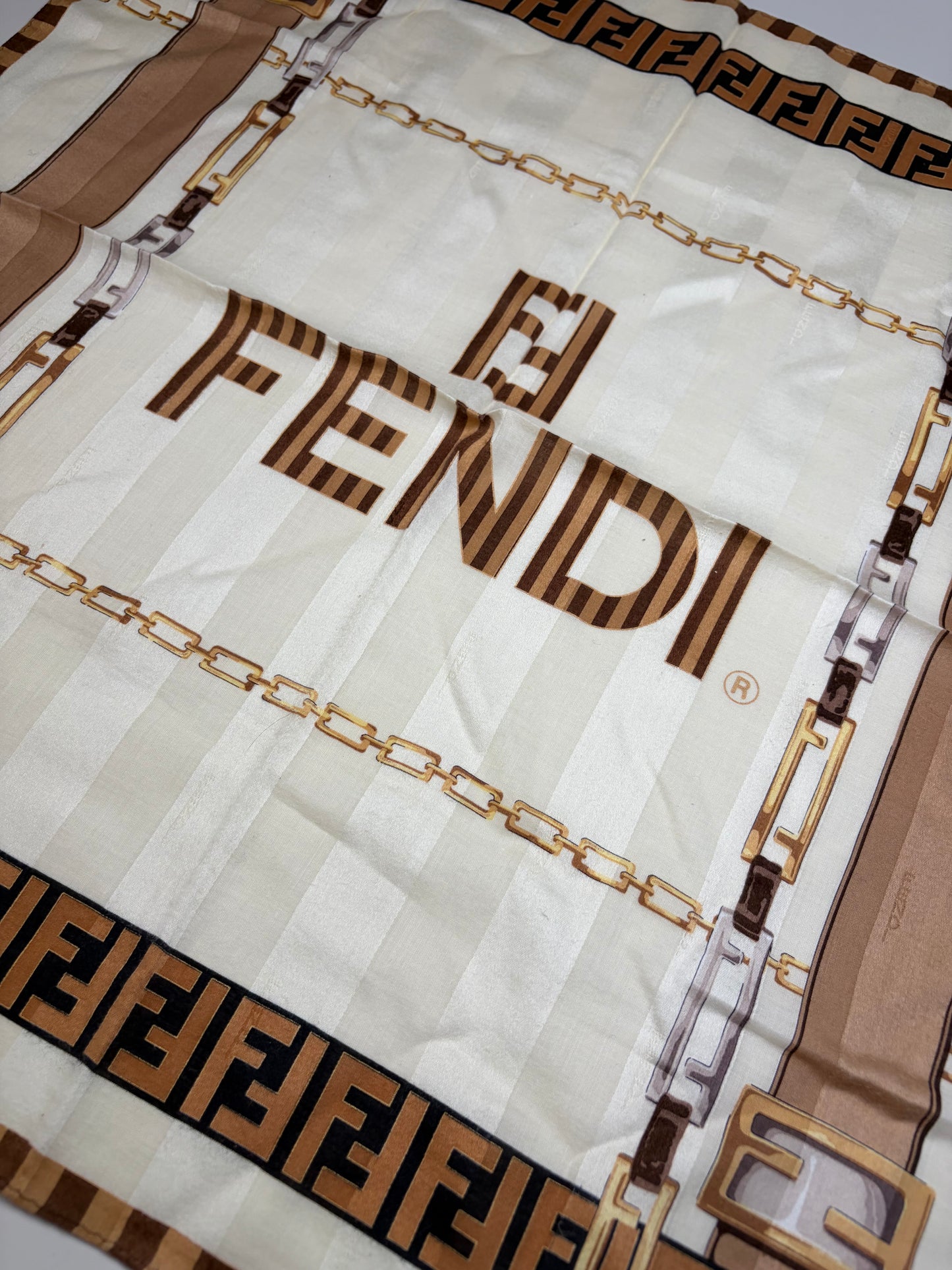 Vintage Fendi FF Monogram Silk Scarf Cream Beige Brown