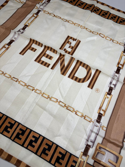 Vintage Fendi FF Monogram Silk Scarf Cream Beige Brown