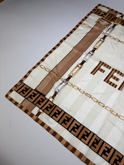 Vintage Fendi FF Monogram Silk Scarf Cream Beige Brown