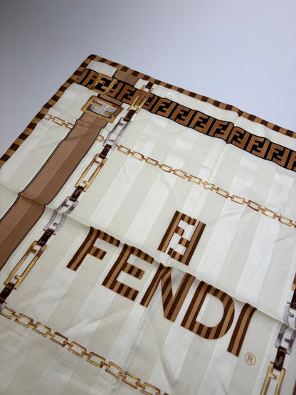 Vintage Fendi FF Monogram Silk Scarf Cream Beige Brown