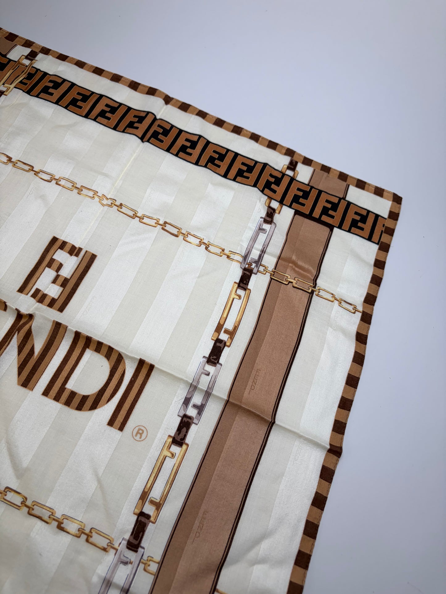 Vintage Fendi FF Monogram Silk Scarf Cream Beige Brown