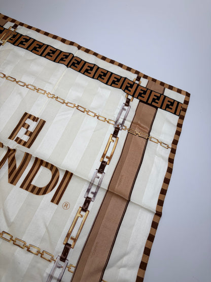 Vintage Fendi FF Monogram Silk Scarf Cream Beige Brown