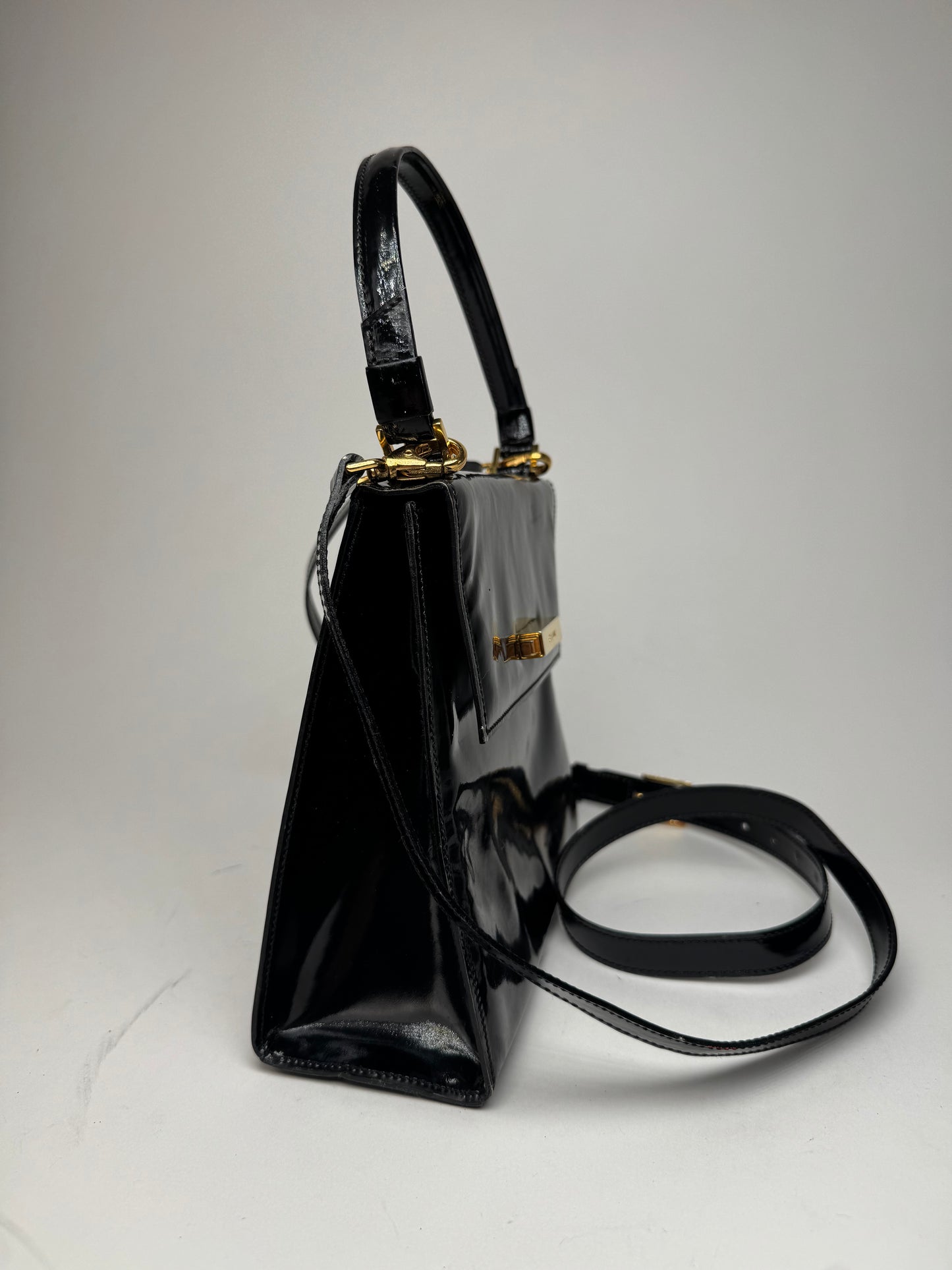 Vintage Celine Paris 2 Way Patent Leather Bag Black