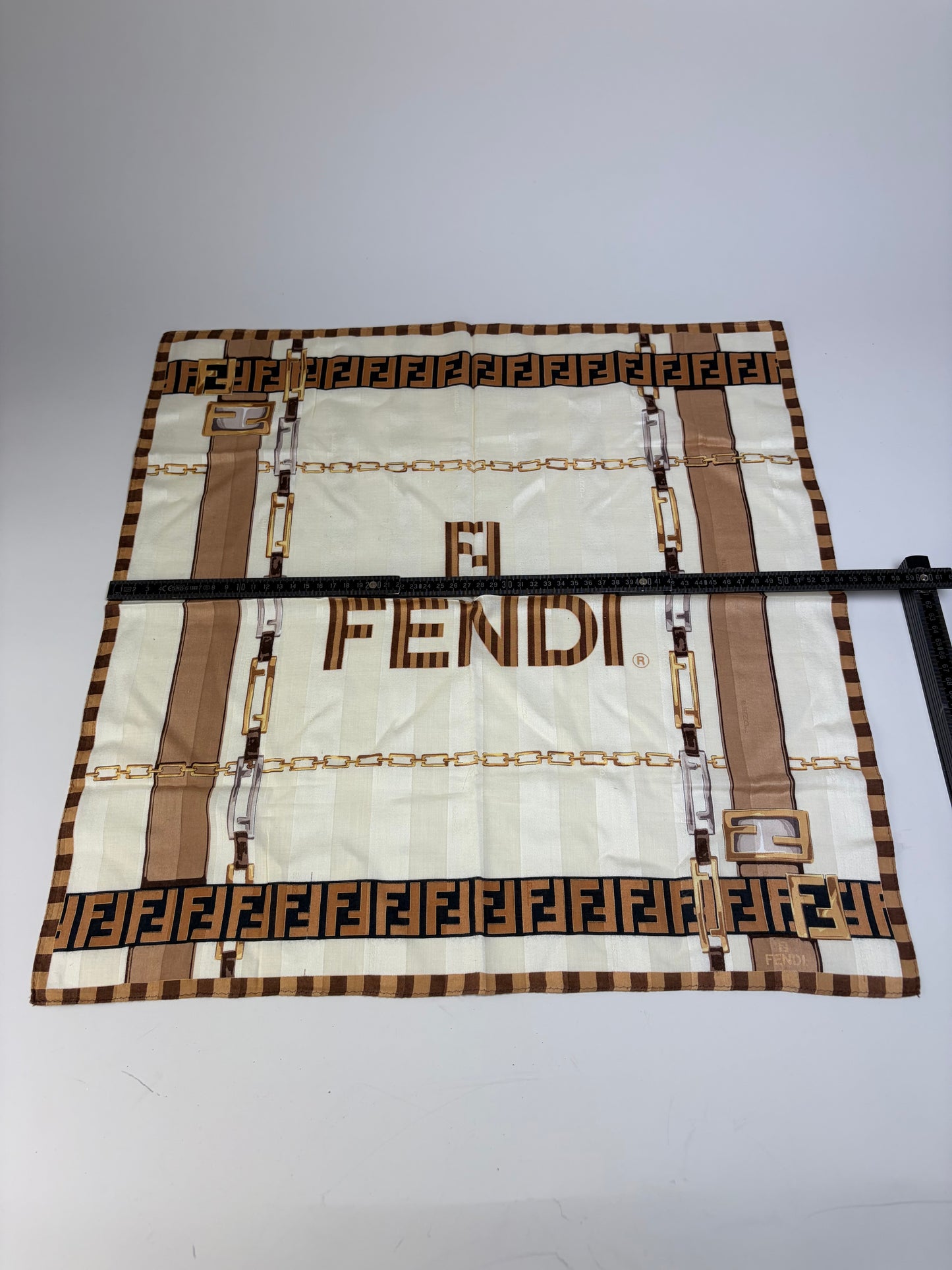 Vintage Fendi FF Monogram Silk Scarf Cream Beige Brown