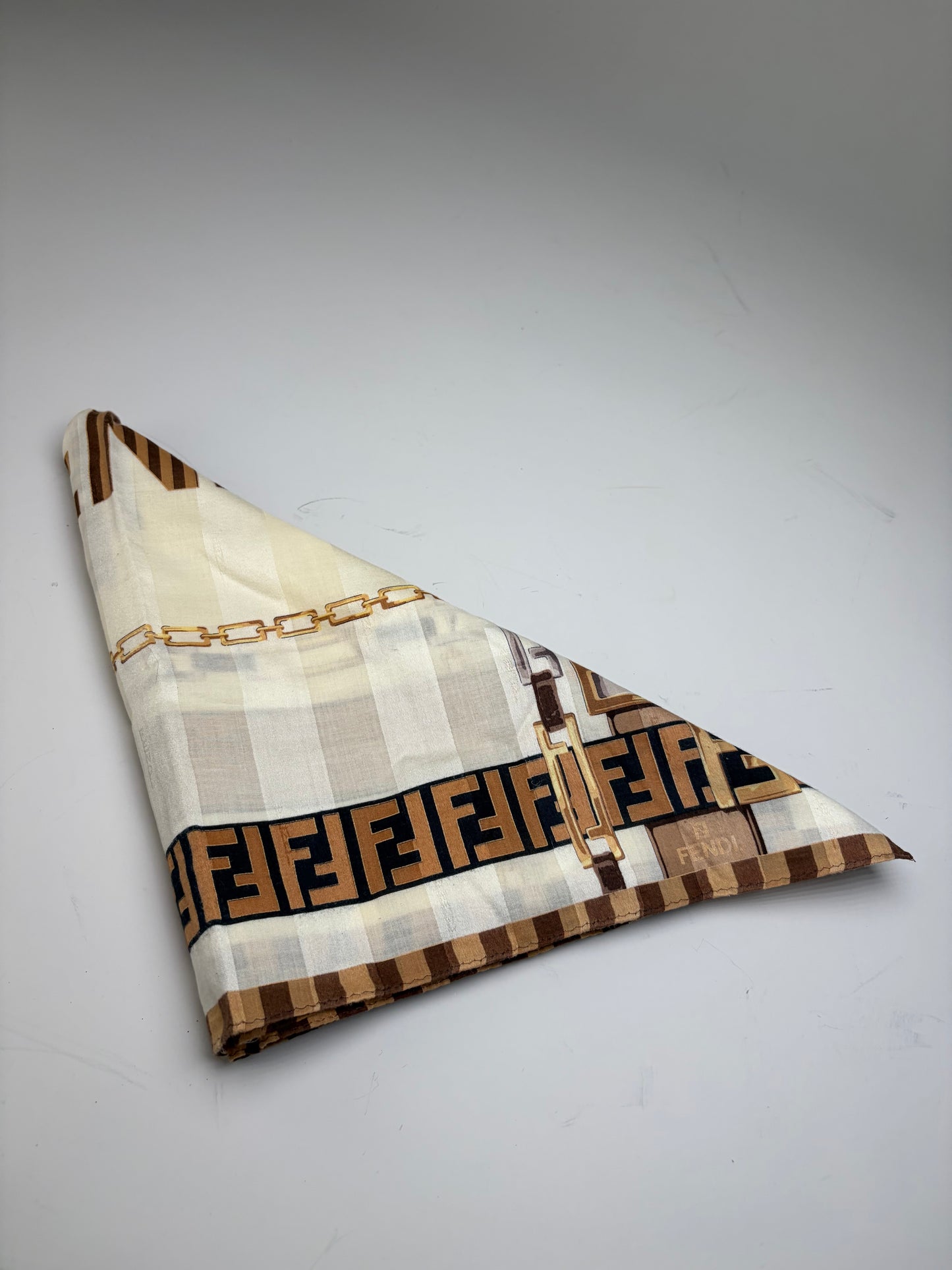 Vintage Fendi FF Monogram Silk Scarf Cream Beige Brown