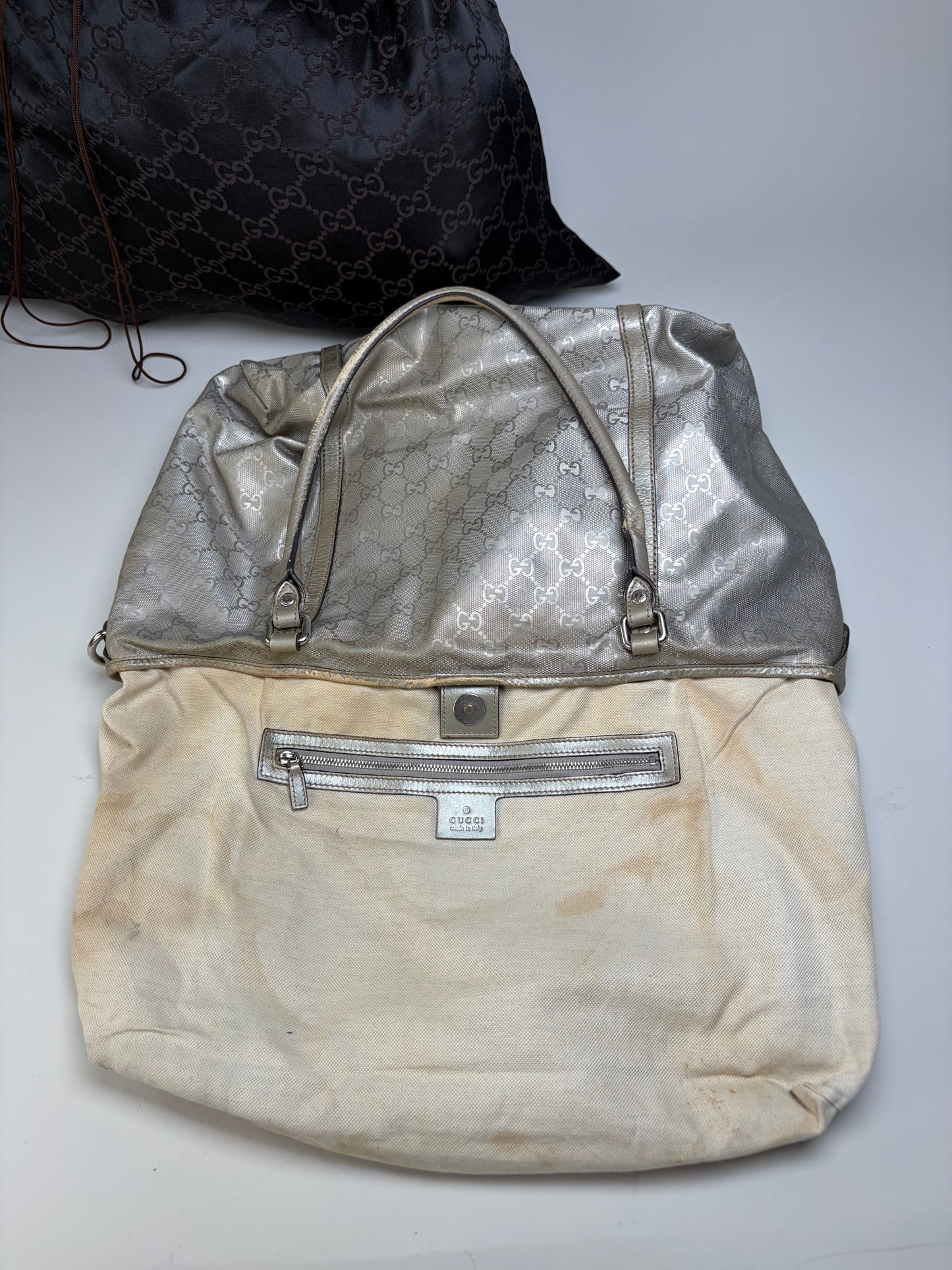 Vintage Gucci GG Supreme Canvas Tote Silver Cream