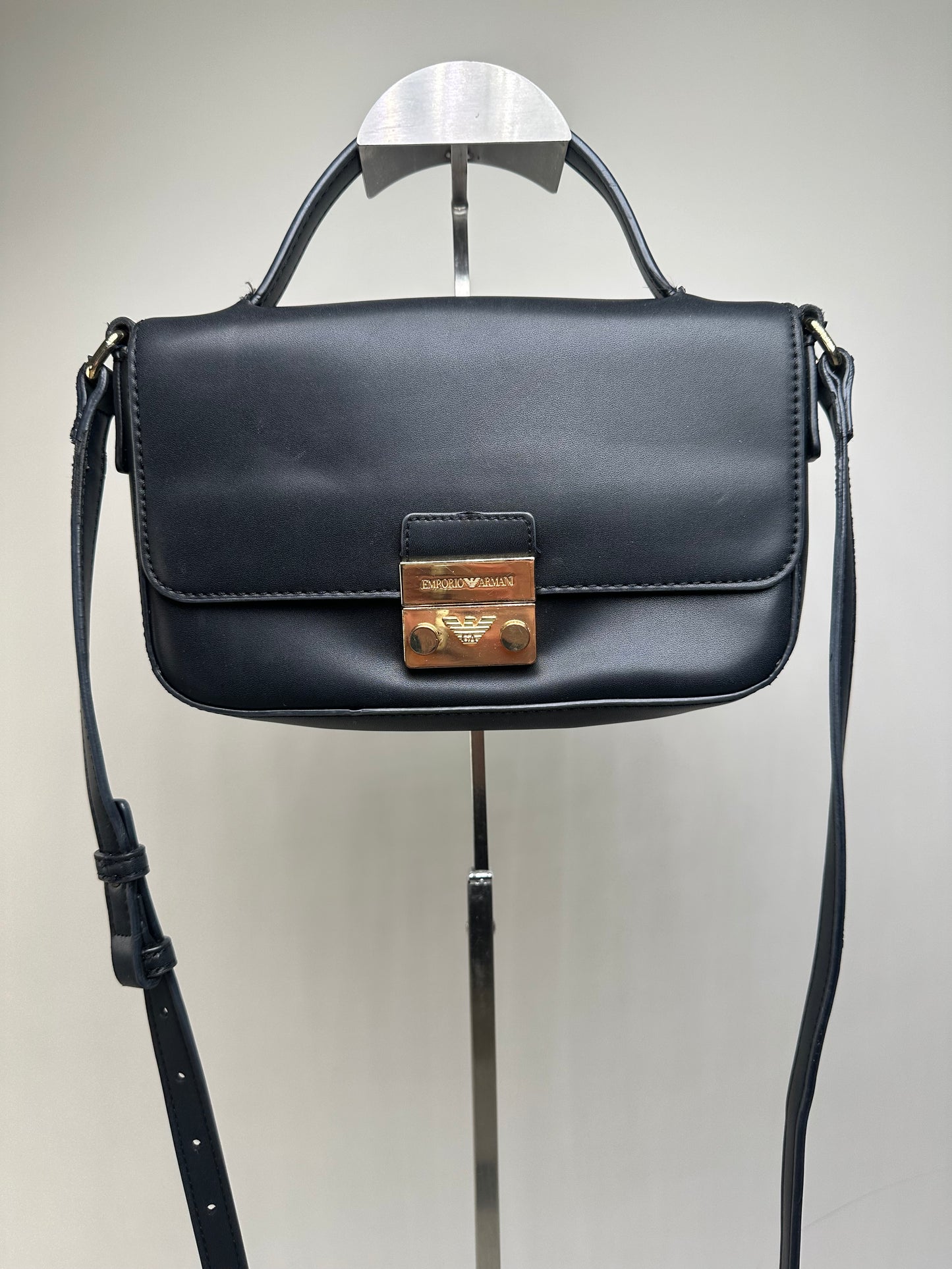 Vintage Emporio Armani Structured Leather Shoulder Bag Black Gold