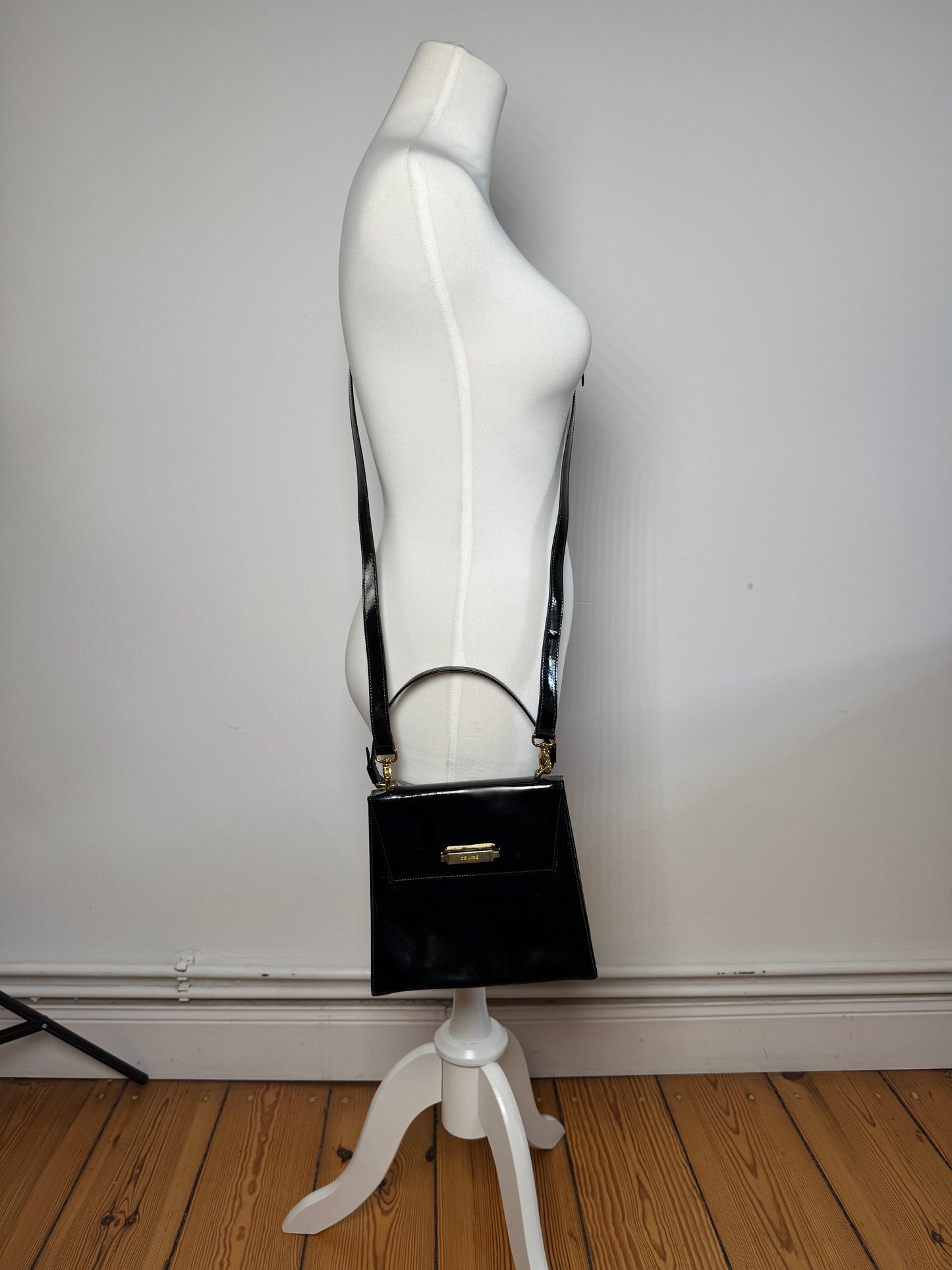 Vintage Celine Paris 2 Way Patent Leather Bag Black
